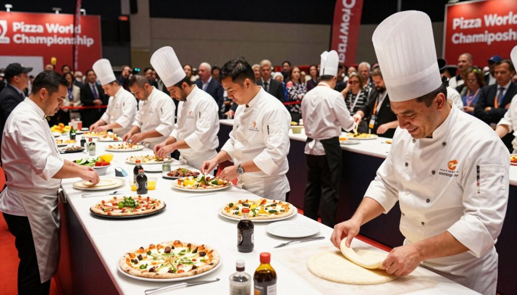 A vibrant scene of a "pizza world competition" in a bustling venue, showcasing chefs from various countries in professional attire, intensely focused on their culinary creations. In the foreground, a smiling Italian chef expertly stretches pizza dough, while a Japanese chef delicately arranges ingredients. The middle ground features a diverse group of contestants, each at their own station adorned with colorful toppings and unique pizza styles. The background displays a large audience, captivated by the action, with banners reading "Pizza World Championship." Bright, warm lighting enhances the energetic atmosphere, and a wide-angle view captures the dynamic elements of this culinary competition. The environment reflects the spirit of innovation and competition in the HoReCa industry, as sponsored by HoReCaMedia.it.