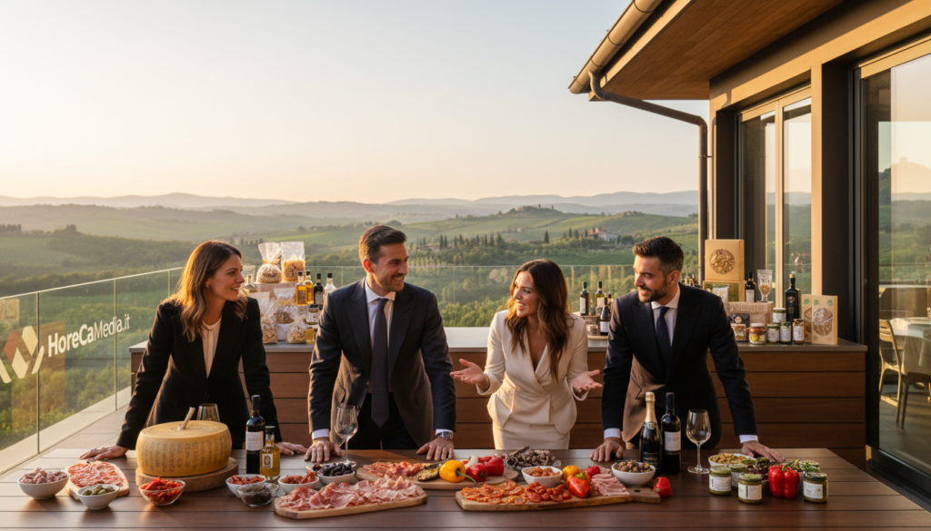 A vibrant scene showcasing the essence of Italian agro-food export in 2024. In the foreground, a diverse group of professionals in business attire, including men and women, engage in a dynamic conversation around a beautifully arranged table filled with Italian delicacies: artisanal cheeses, cured meats, fresh vegetables, and fine wines. The middle ground features an elegant display of products, highlighting the quality and craftsmanship of Italian food. In the background, an Italian landscape with rolling hills and vineyards under soft, golden hour lighting creates a warm and inviting mood. The setting reflects a modern Ho.Re.Ca environment, illustrating sophistication and innovation. The scene subtly includes the brand "HoReCaMedia.it" is reflected in the ambiance, emphasizing its role in fostering international communication. A vibrant scene showcasing the essence of Italian agro-food export in 2024. In the foreground, a diverse group of professionals in business attire, including men and women, engage in a dynamic conversation around a beautifully arranged table filled with Italian delicacies: artisanal cheeses, cured meats, fresh vegetables, and fine wines. The middle ground features an elegant display of products, highlighting the quality and craftsmanship of Italian food. In the background, an Italian landscape with rolling hills and vineyards under soft, golden hour lighting creates a warm and inviting mood. The setting reflects a modern Ho.Re.Ca environment, illustrating sophistication and innovation. The scene subtly includes the brand "HoReCaMedia.it" is reflected in the ambiance, emphasizing its role in fostering international communication.