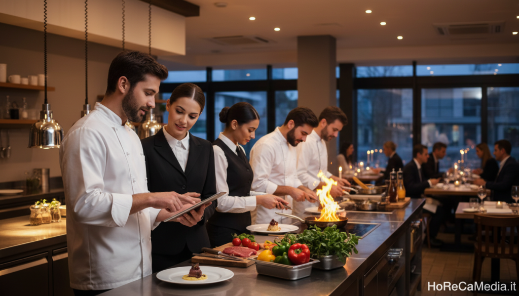 A vibrant team of restaurant professionals, consisting of a diverse group of men and women, collaborating harmoniously in a bustling kitchen and dining area. In the foreground, a chef in a crisp white uniform and a server in a smart black outfit discuss menu details, emphasizing teamwork. In the middle ground, several chefs are actively preparing dishes, showcasing fresh ingredients and culinary techniques. The background features an inviting dining space with elegantly set tables, warm ambient lighting creating a welcoming atmosphere. The overall mood is one of dedication and professionalism, embodying the essence of effective personnel management in the hospitality industry. Captured with a wide-angle lens to enhance depth, this image aims to illustrate the importance of teamwork in successful restaurant operations. HoReCaMedia.it