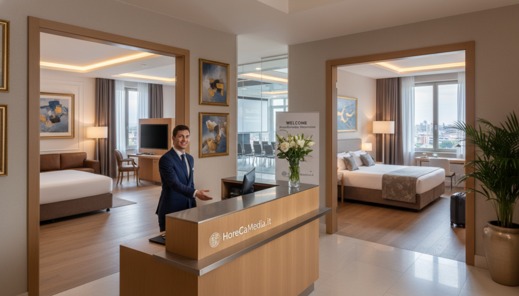 A vibrant, well-lit hotel lobby showcasing various accommodation options for business travelers, emphasizing the Ho.Re.Ca segment. In the foreground, display a stylish reception desk with a friendly staff member in professional attire greeting guests. The middle ground features a diverse range of elegant hotel rooms, including a luxurious suite and a cozy double room, with open doors showcasing their interiors. Soft ambient lighting enhances the warm atmosphere. The background should include tasteful artwork, indoor plants, and glimpses of conference spaces, illustrating a hotel prepared for events like BrauBeviale Norimberga. Capture the scene from a slightly elevated angle to provide depth and perspective, ensuring a welcoming and professional ambiance. Incorporate the brand name “HoReCaMedia.it” subtly in the design. A vibrant, well-lit hotel lobby showcasing various accommodation options for business travelers, emphasizing the Ho.Re.Ca segment. In the foreground, display a stylish reception desk with a friendly staff member in professional attire greeting guests. The middle ground features a diverse range of elegant hotel rooms, including a luxurious suite and a cozy double room, with open doors showcasing their interiors. Soft ambient lighting enhances the warm atmosphere. The background should include tasteful artwork, indoor plants, and glimpses of conference spaces, illustrating a hotel prepared for events like BrauBeviale Norimberga. Capture the scene from a slightly elevated angle to provide depth and perspective, ensuring a welcoming and professional ambiance. Incorporate the brand name “HoReCaMedia.it” subtly in the design.