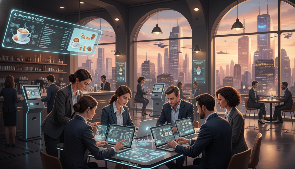 A visually striking illustration showcasing the adoption of artificial intelligence in the HoReCa sector, featuring a modern café and restaurant environment. In the foreground, a professional-looking team of diverse individuals in business attire gathers around a table with laptops and digital tablets, analyzing data and strategizing. The middle layer shows a bustling café with patrons interacting with AI-driven kiosks for ordering. In the background, large windows reveal a vibrant cityscape, symbolizing growth and innovation. The lighting is warm and inviting, creating a collaborative atmosphere. The overall mood conveys excitement and professionalism, reflecting the integration of AI in service and hospitality. Brand name "HoReCaMedia.it" subtly integrated in the decor or branding elements within the scene. A visually striking illustration showcasing the adoption of artificial intelligence in the HoReCa sector, featuring a modern café and restaurant environment. In the foreground, a professional-looking team of diverse individuals in business attire gathers around a table with laptops and digital tablets, analyzing data and strategizing. The middle layer shows a bustling café with patrons interacting with AI-driven kiosks for ordering. In the background, large windows reveal a vibrant cityscape, symbolizing growth and innovation. The lighting is warm and inviting, creating a collaborative atmosphere. The overall mood conveys excitement and professionalism, reflecting the integration of AI in service and hospitality. Brand name "HoReCaMedia.it" subtly integrated in the decor or branding elements within the scene.