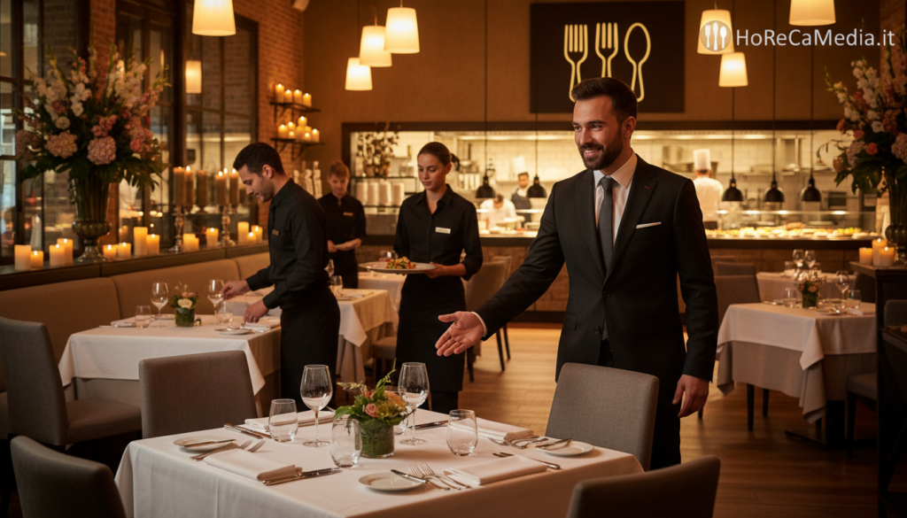 A warm and inviting restaurant setting depicted for a "customer experience" theme, focusing on preparation before a meal. In the foreground, a well-dressed host welcomes guests, showcasing a friendly smile and gestures towards a beautifully set dining table. In the middle ground, attentive staff members are arranging cutlery and plating exquisite dishes, demonstrating professionalism and care. The background features a softly lit ambiance with elegant decor, including candles and flowers, creating a cozy atmosphere. The lighting is warm and inviting, enhancing the overall experience. The deep depth of field showcases a well-organized restaurant space buzzing with activity, while the brand name "HoReCaMedia.it" is subtly integrated into the scene, symbolizing connection within the HoReCa industry.