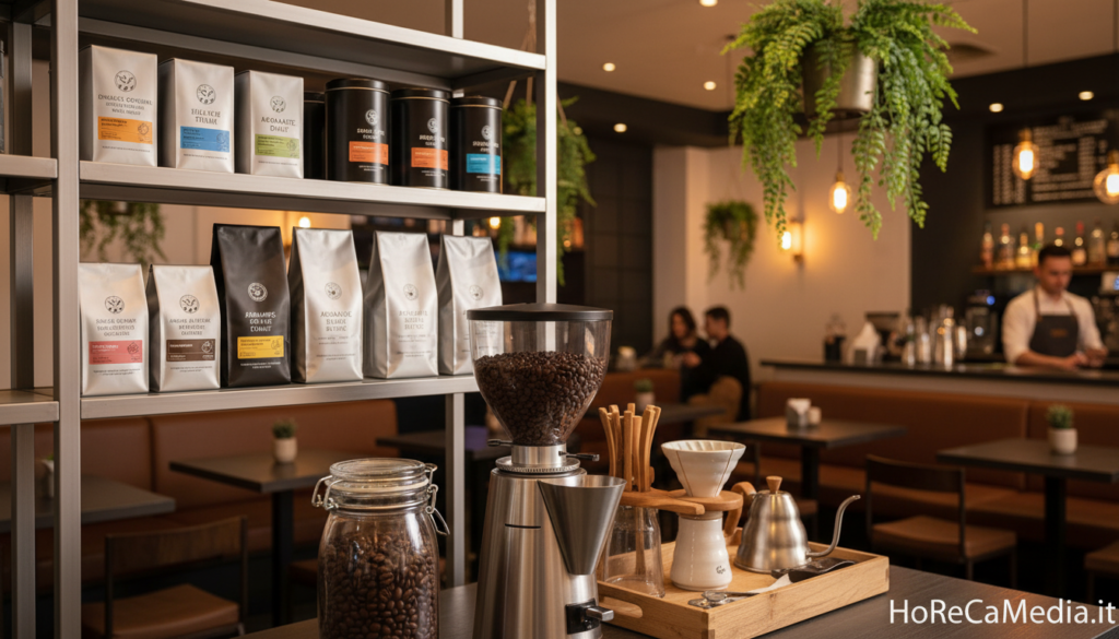 A well-organized coffee storage setup in a modern bar environment. In the foreground, a sleek, elegant glass jar filled with rich, dark coffee beans, showcasing their glistening texture, next to a professional coffee grinder. In the middle, a stylish stainless steel shelf displaying various coffee packaging with labels indicating quality and freshness, alongside an elegant wooden manual brewmaster's tools. The background features an atmospheric bar scene with warm, inviting lighting, soft browns, and lush greenery, creating a cozy yet professional vibe. The scene reflects the essential practices for preserving coffee aroma and quality. No text overlays. HoReCaMedia.it.
