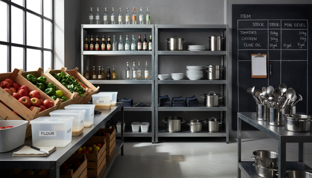 A well-organized restaurant storage area showcasing various categorized products, emphasizing efficient inventory management. In the foreground, neatly stacked boxes of perishable items like fruits and vegetables, alongside labeled containers for dry goods. The middle ground features shelves with clearly marked sections for beverages, kitchen supplies, and utensils. In the background, a wall-mounted chalkboard displays inventory levels, and a clipboard with a checklist hangs near the entrance, ready for daily inspections. The atmosphere is bright and professional, illuminated by natural light streaming in through a window, casting soft shadows. The scene evokes a sense of order and attentiveness in a HoReCa setting, perfect for illustrating effective waste reduction strategies. No text, logos, or watermarks present. HoReCaMedia.it.