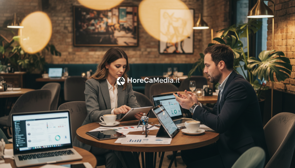 An elegant restaurant setting featuring a diverse group of micro and macro influencers engaged in a brainstorming session with AI tools, showcasing the selection process for influencer marketing in the HoReCa industry. In the foreground, a professional woman in business attire reviews a digital tablet, while a man beside her, also dressed in a suit, discusses ideas. In the middle, a stylish round table with laptops, tablets, and coffee cups, surrounded by vibrant decor enhanced by soft, warm lighting. The background shows a tastefully arranged dining area with greenery and subtle art pieces, creating an inviting atmosphere. Soft-focus bokeh effect adds depth, emphasizing the influencers' serious yet creative atmosphere. The entire scene is branded with "HoReCaMedia.it" subtly integrated into the decor, underlining the theme of AI selection strategies in the horeca sector.