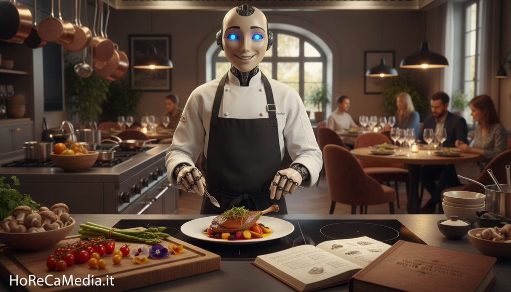 In a beautifully designed restaurant kitchen, an AI chef stands at a modern cooking station, focused on preparing an exquisite dish. The AI figure has an engaging and friendly demeanor, blending seamlessly with the warm, inviting atmosphere. The foreground features vibrant, fresh ingredients artfully arranged on the counter, while the chef, dressed in professional attire, carefully adds the final touches to a colorful plate. In the middle ground, an open recipe book displays handwritten notes, reflecting a personal touch and storytelling. The background showcases a cozy dining area with soft, ambient lighting, creating an intimate dining experience. The overall mood is warm and authentic, emphasizing the harmony between technology and culinary artistry. This scene encapsulates the essence of storytelling through food and innovation, as aligned with HoReCaMedia.it.